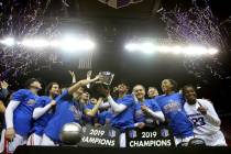 Boise State celebrates defeating Wyoming 68-51 in an NCAA college basketball game for the Mountain West Conference women's tournament championship Wednesday, March 13, 2019, in Las Vegas. (AP Phot ...