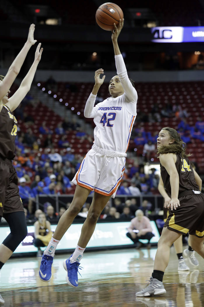 Boise State players celebrate after defeating Wyoming in an NCAA college basketball game for the Mountain West Conference women's tournament championship Wednesday, March 13, 2019, in Las Vegas. B ...