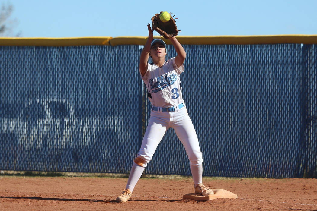 Centennial's Natasha Lawrence (3) makes a catch at first base for an out against Coronado in the softball game at Centennial High School in Las Vegas, Wednesday, March 13, 2019. Erik Verduzco Las ...