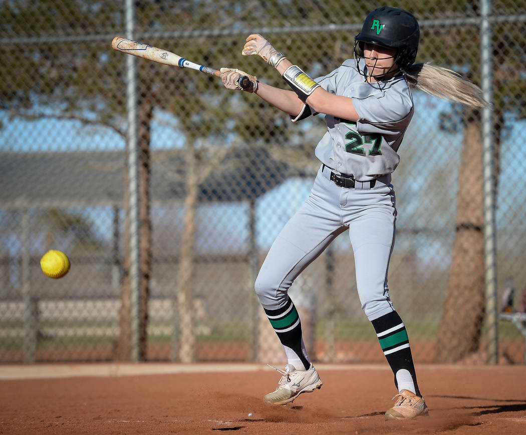 Palo Verde's Camden Zahn (27) hits a pitch in the sixth inning of a softball game against at Palo Verde High School in Las Vegas, Thursday, March 14, 2019. (Caroline Brehman/Las Vegas Review-Journ ...