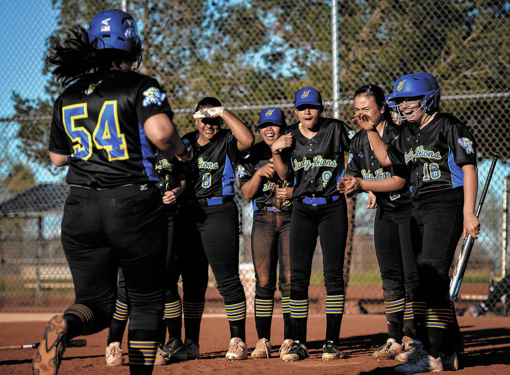 Sierra Vista's Mia Buranamontri (54) runs into home plate after hitting a home run in the seventh inning of a softball game against at Palo Verde High School in Las Vegas, Thursday, March 14, 2019 ...