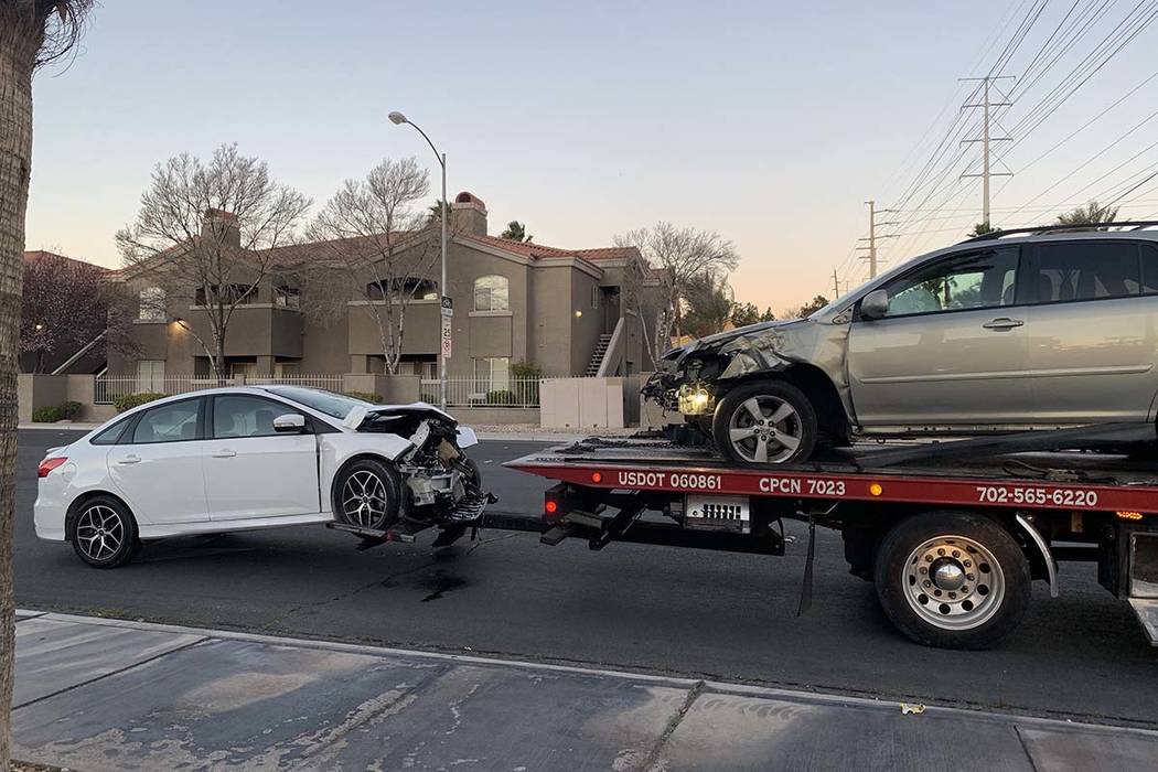 Two people were injured in a crash at Lindell and Flamingo roads early Thursday morning, March 14, 2019.(Jessica Terrones/Las Vegas Review-Journal)