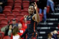UNLV's Kris Clyburn reacts after making a 3-point shot against New Mexico during the second half on an NCAA college basketball game Tuesday, Jan. 22, 2019, in Las Vegas. (AP Photo/John Locher)