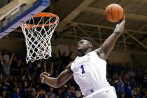 Duke's Zion Williamson (1) dunks during the second half of an NCAA college basketball game against Clemson, in Durham, N.C. on Jan. 5, 2019. Williamson was named both The Associated Press ACC play ...