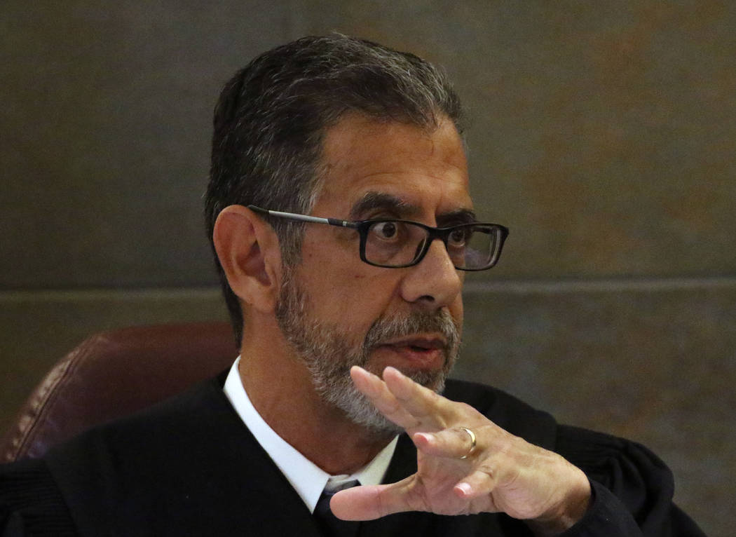 District Judge Michael Villani presides during Alexis Plunkett's, the jailed Las Vegas defense lawyer, bail hearing at the Regional Justice Center on Thursday, March. 14, 2019, in Las Vegas. Bizu ...