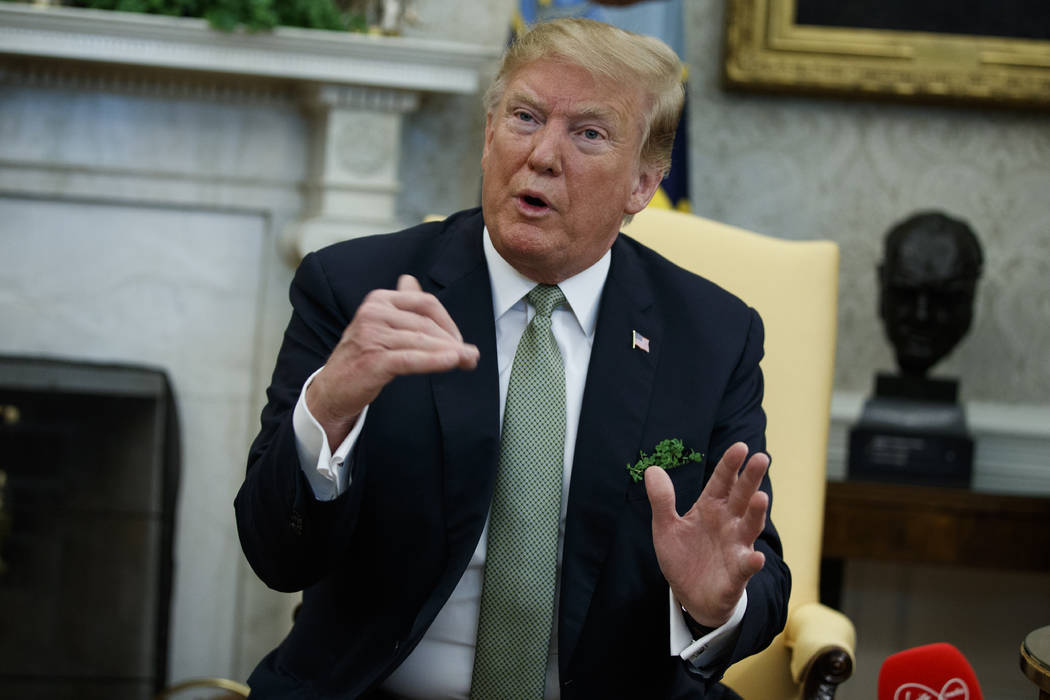 President Donald Trump speaks during a meeting with Irish Prime Minister Leo Varadkar in the Oval Office of the White House, Thursday, March 14, 2019, in Washington. (AP Photo/ Evan Vucci)