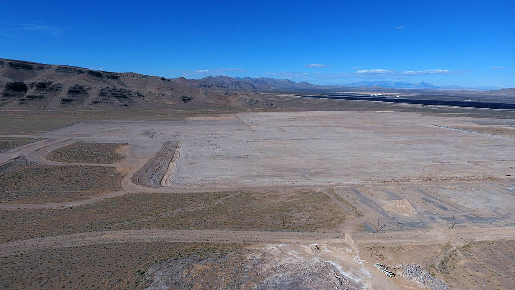 Aerial view of 900 acres at Apex Industrial Park that Faraday Future has put on the market for $40 million after bailing on its North Las Vegas auto factory plans. Thursday March 14, 2019. (Michae ...