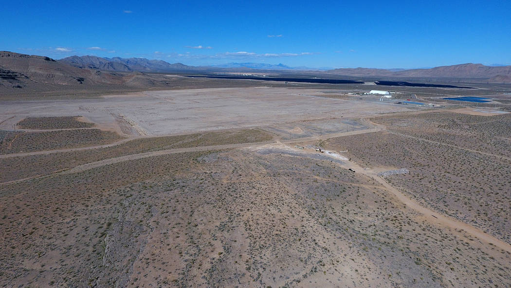 Aerial view of 900 acres at Apex Industrial Park that Faraday Future has put on the market for $40 million after bailing on its North Las Vegas auto factory plans. Thursday March 14, 2019. (Michae ...