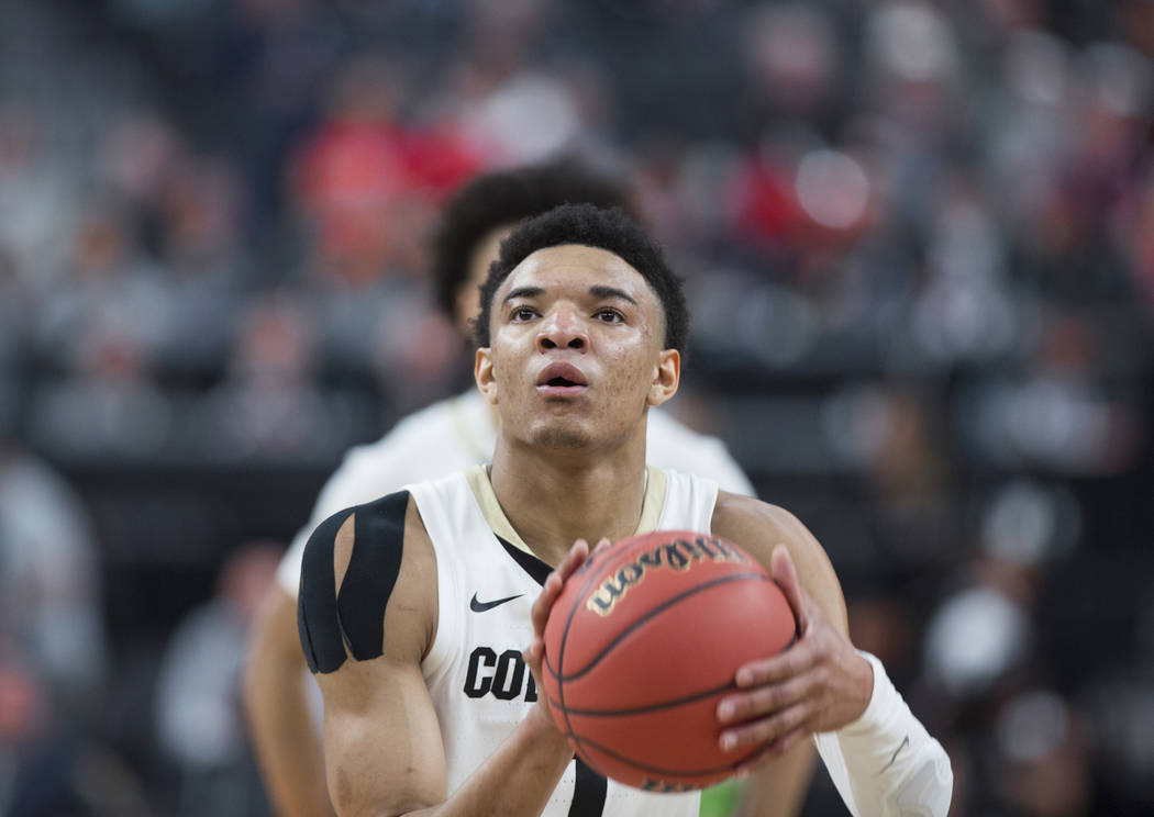 Colorado sophomore guard Tyler Bey (1), a Las Vegas native, shoots a free throw in the second half during the Buffalo's Pac-12 tournament game with California on Wednesday, March 13, 2019, at T-Mo ...