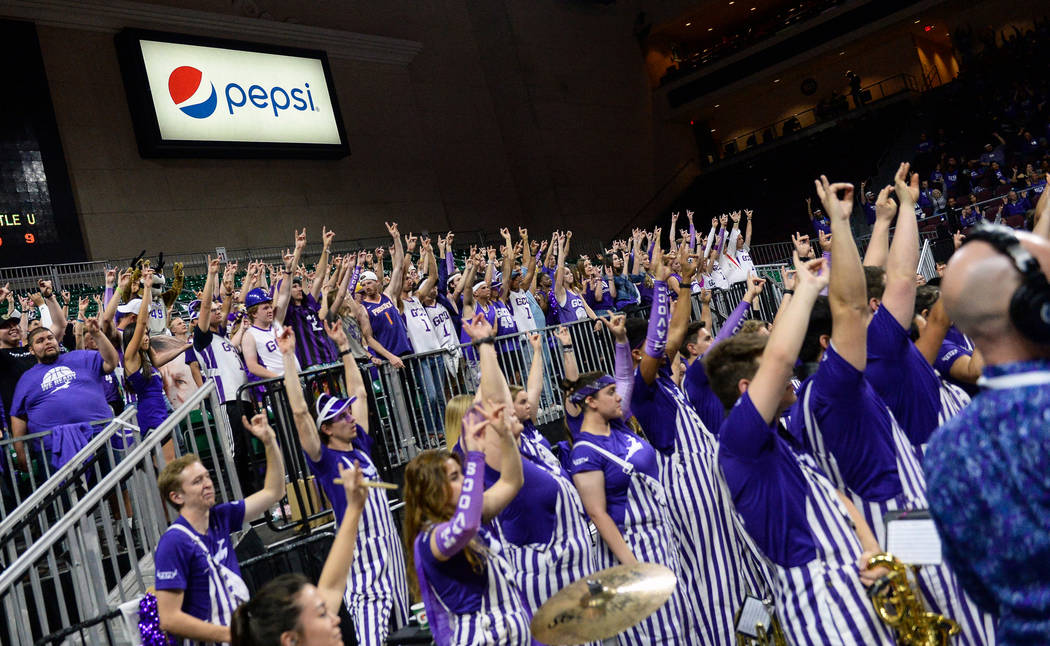 Fans in the Grand Canyon University student section cheer on their team in the second half of the opening round of the Western Athletic Conference tournament against Seattle University in Las Vega ...