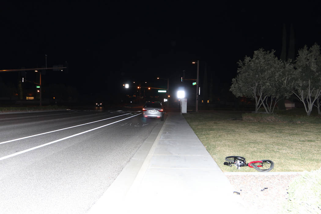 Police investigate a hit-and-run accident involving an 8-year-old boy Sunday, March 3, 2019, near The Vistas Park in Las Vegas. (Las Vegas Metropolitan Police Department)