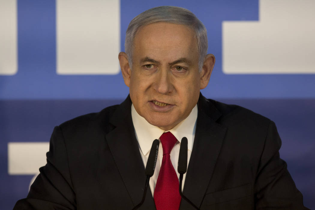 Israeli Prime Minister Benjamin Netanyahu delivers a statement at the Prime Minister's residence in Jerusalem, Thursday, Feb. 28, 2019. (AP Photo/Sebastian Scheiner)