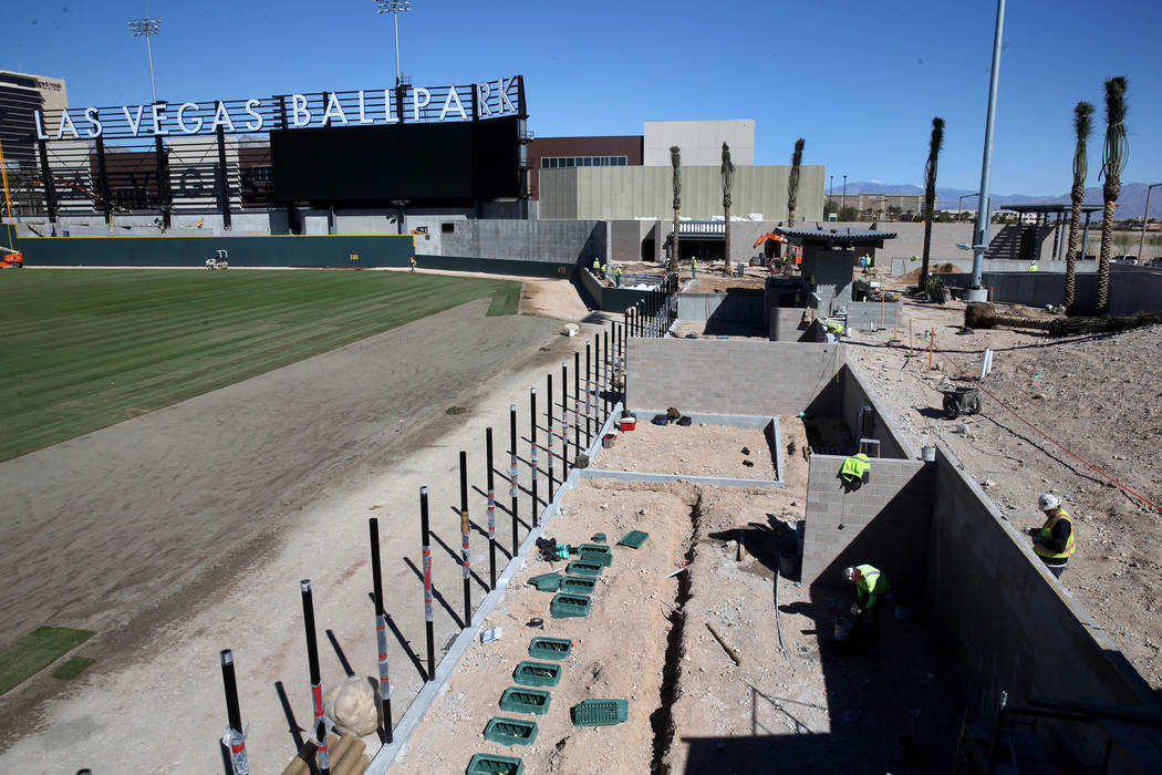 Construction continues on the home and visitor bull pens at Las Vegas Ballpark Thursday, March 14, 2019. (K.M. Cannon/Las Vegas Review-Journal) @KMCannonPhoto