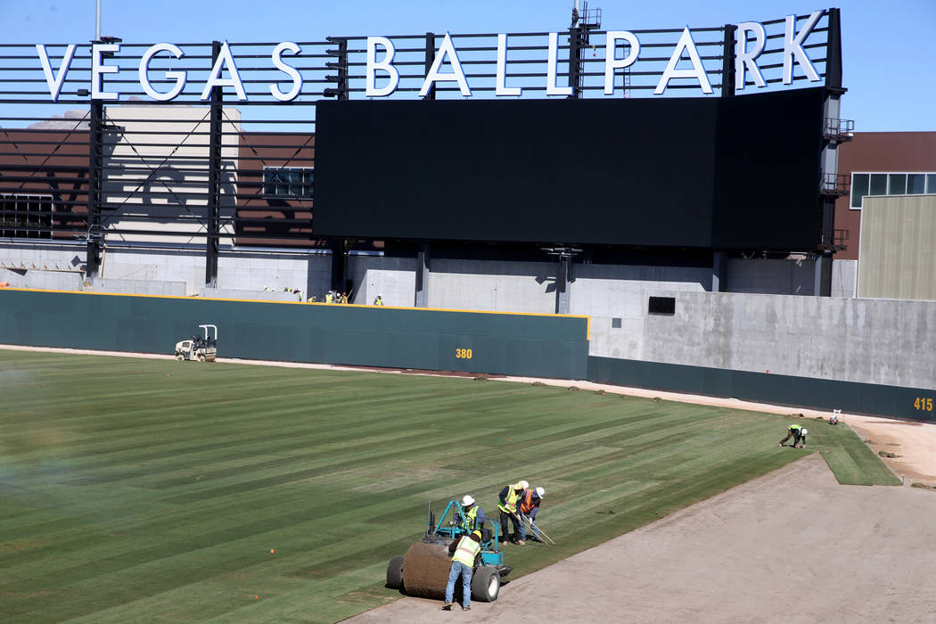 Sod is laid in the right field at Las Vegas Ballpark Thursday, March 14, 2019. (K.M. Cannon/Las Vegas Review-Journal) @KMCannonPhoto