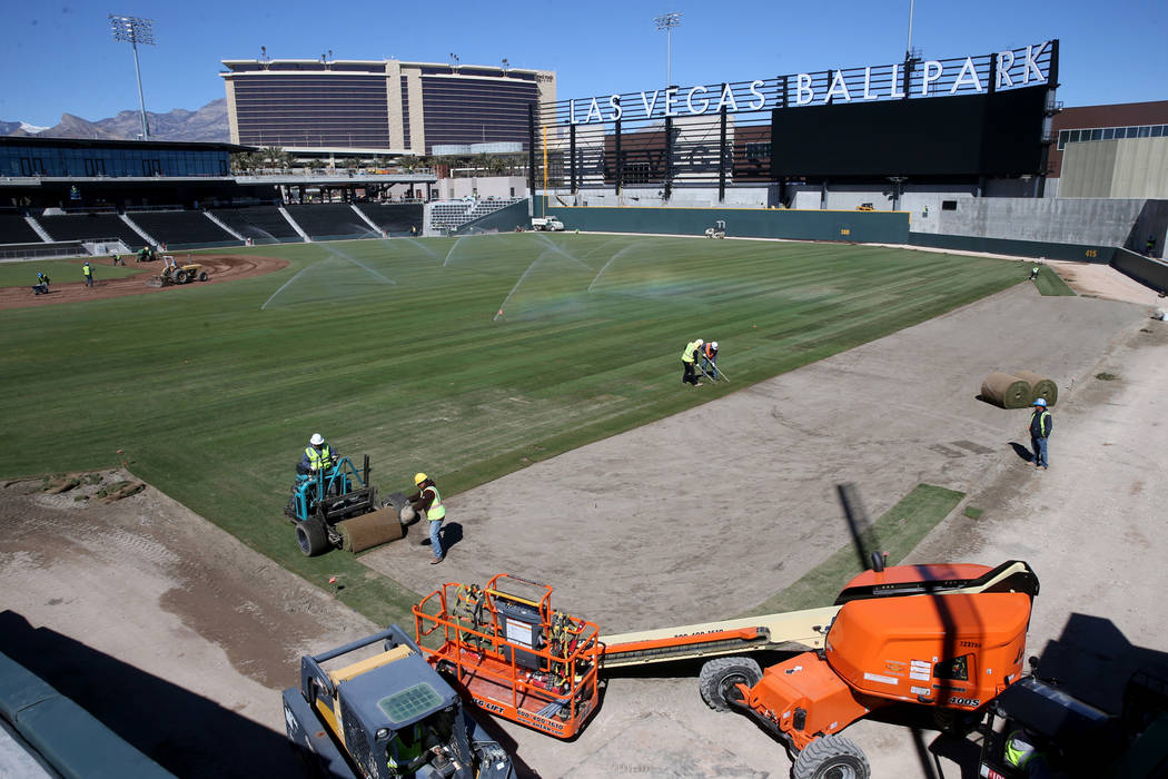 Sod is laid in the right field at Las Vegas Ballpark Thursday, March 14, 2019. (K.M. Cannon/Las Vegas Review-Journal) @KMCannonPhoto