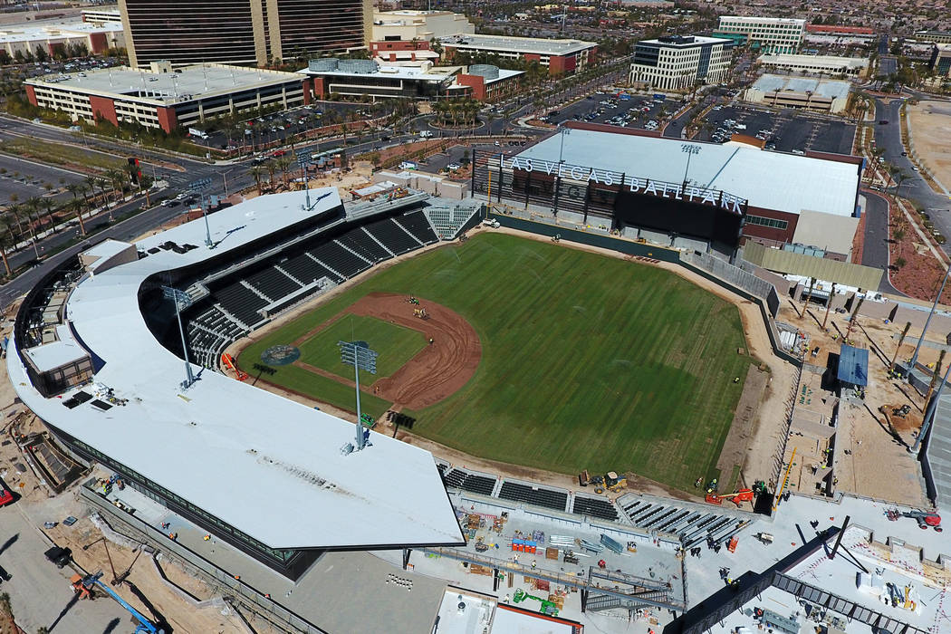 Aerial view of the Las Vegas Ballpark as grass installation nears completion on Thursday March 14, 2019. (Michael Quine/Las Vegas Review-Journal) @Vegas88s