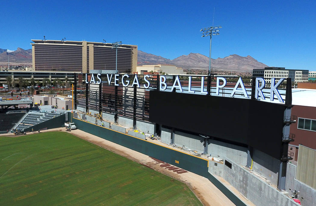 Aerial view of the Las Vegas Ballpark as grass installation nears completion on Thursday March 14, 2019. (Michael Quine/Las Vegas Review-Journal) @Vegas88s