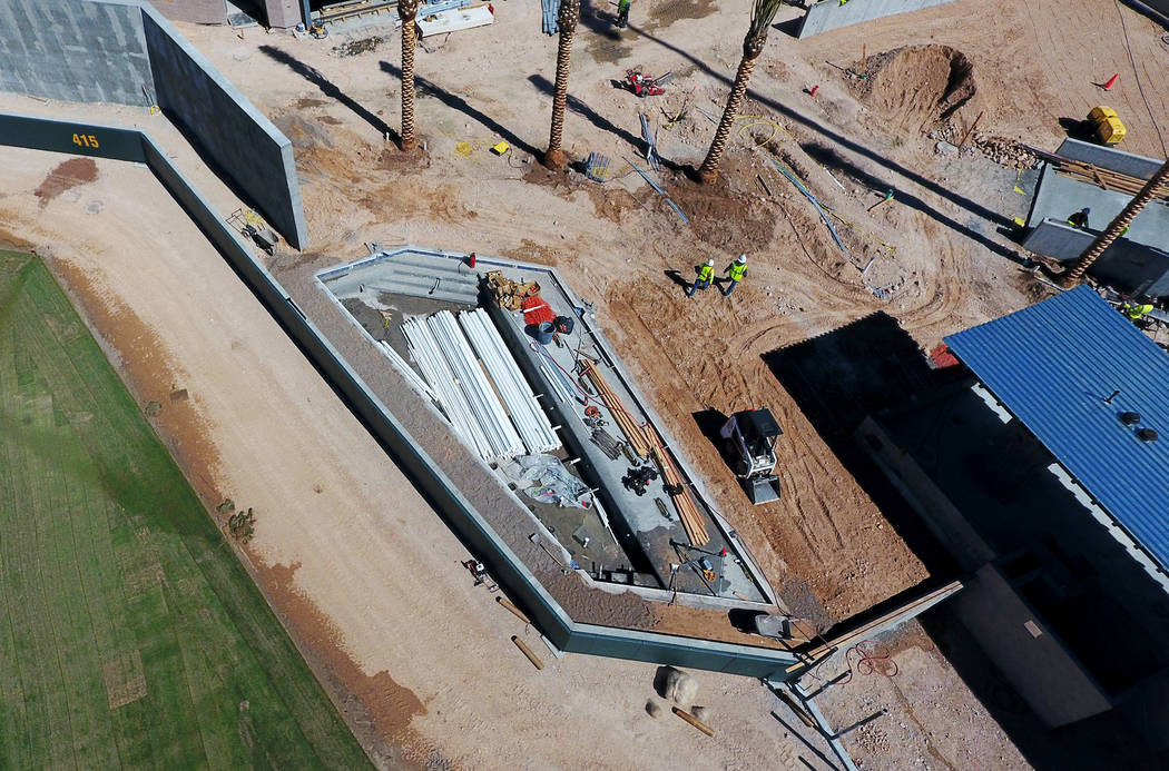 Aerial view of the Las Vegas Ballpark as the outfield swimming pool construction nears completion on Thursday March 14, 2019. (Michael Quine/Las Vegas Review-Journal) @Vegas88s