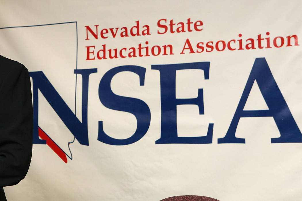 A Nevada State Education Association (NSEA) banner is pictured in this file photo.