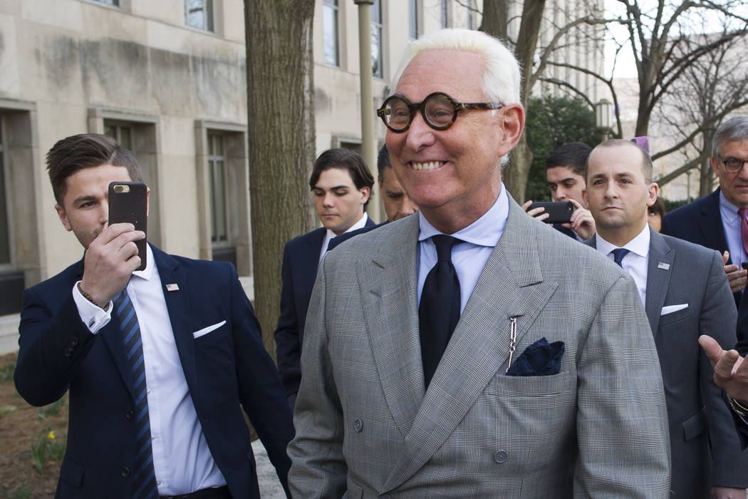 Roger Stone, an associate of President Donald Trump, leaves the U.S. District Court, after a court status conference on his seven charges: one count of obstruction of an official proceeding, five ...