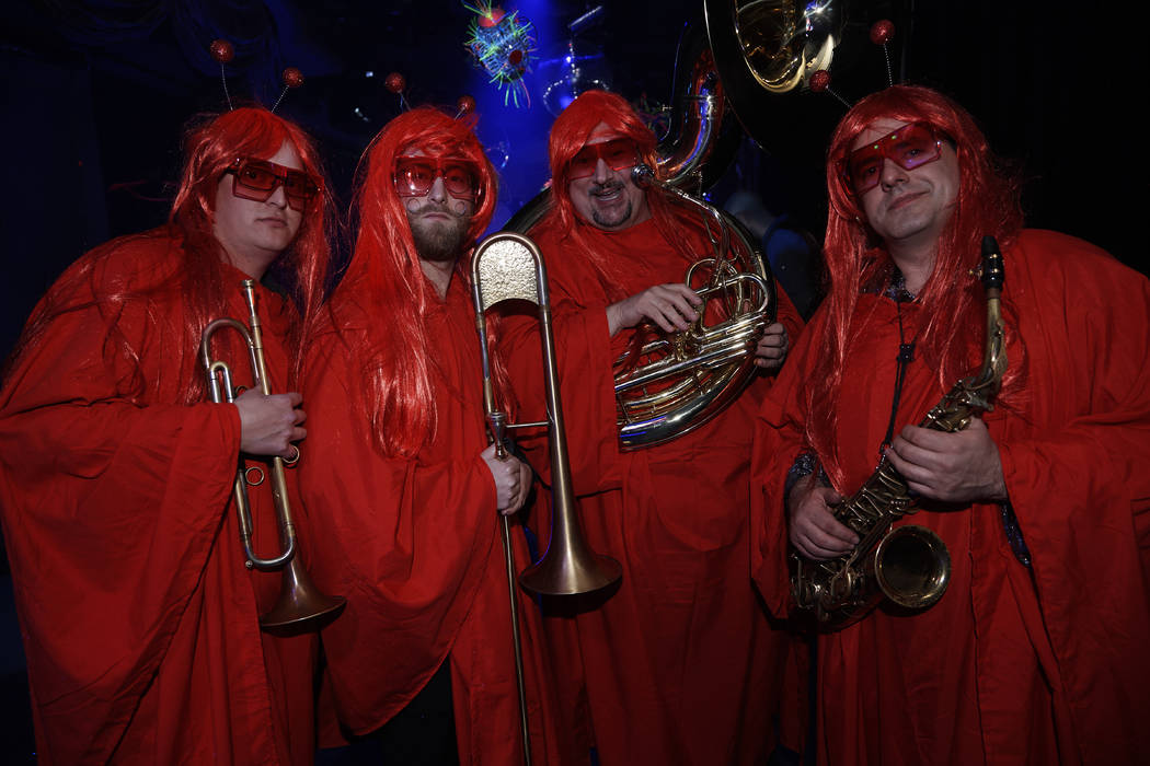 A band that looks like a group of Heat Misers celebrate the first anniversary of "Opium" at the Cosmopolitan of Las Vegas on Tuesday, March 12, 2019. (Spiegelworld)