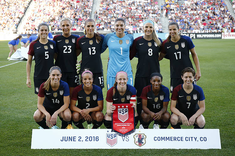 In this photo taken Thursday, June 2, 2016, the United States team poses for a team photo before their international friendly soccer match against the Japan in Commerce City, Colo. (AP Photo/Jack ...