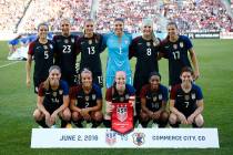In this photo taken Thursday, June 2, 2016, the United States team poses for a team photo before their international friendly soccer match against the Japan in Commerce City, Colo. (AP Photo/Jack ...