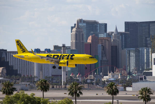 A Spirit Airlines flight prepares to land at McCarran International Airport in Las Vegas on Monday, July 23, 2018. (Richard Brian Las Vegas Review-Journal @vegasphotograph)