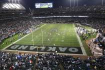 An overview of the Oakland-Alameda County Coliseum before the start of an NFL game between the Oakland Raiders and the Denver Broncos in Oakland, Calif., Monday, Dec. 24, 2018. Heidi Fang Las Vega ...