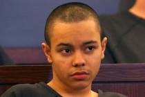 Miguel Magallon, 14, appears in court at the Regional Justice Center on Wednesday, March. 13, 2019, in Las Vegas. Magallon was arrested on suspicion of murder in the October death of an 18-year-ol ...