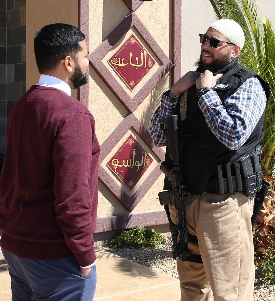 Athar Haseebullah, left, mosque chairman, and Jamal Ali, a volunteer security guard, chat outside the Masjid Ibrahim on Friday, March 15, 2019, in Las Vegas. Bizuayehu Tesfaye Las Vegas ...