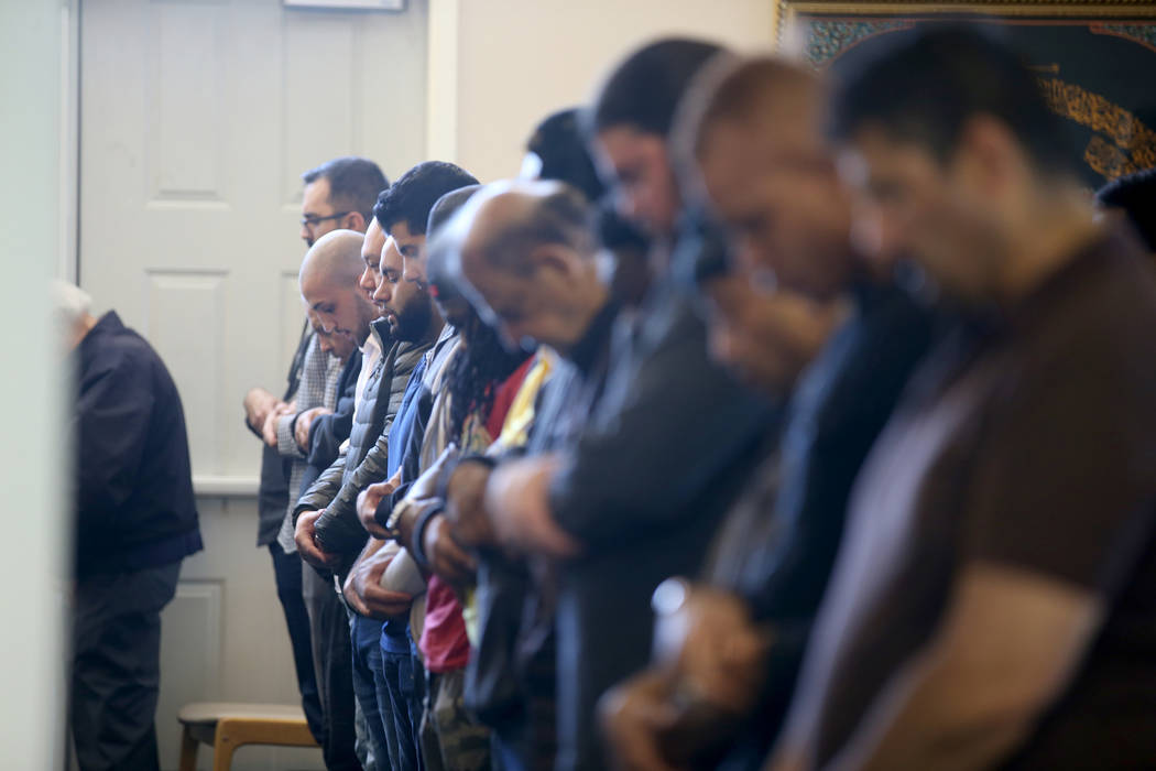 Worshipers during a prayer service at the Mosque of Islamic Society of Nevada in Las Vegas Friday, March 15, 2019. (K.M. Cannon/Las Vegas Review-Journal) @KMCannonPhoto