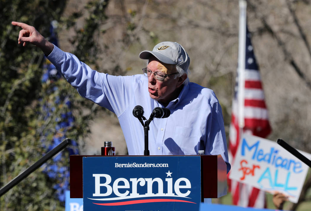 Democratic presidential candidate Sen. Bernie Sanders addresses his supporters at a rally as part of a tour launching his presidential campaign at Morrell Park in Henderson, Saturday, March 16, 20 ...
