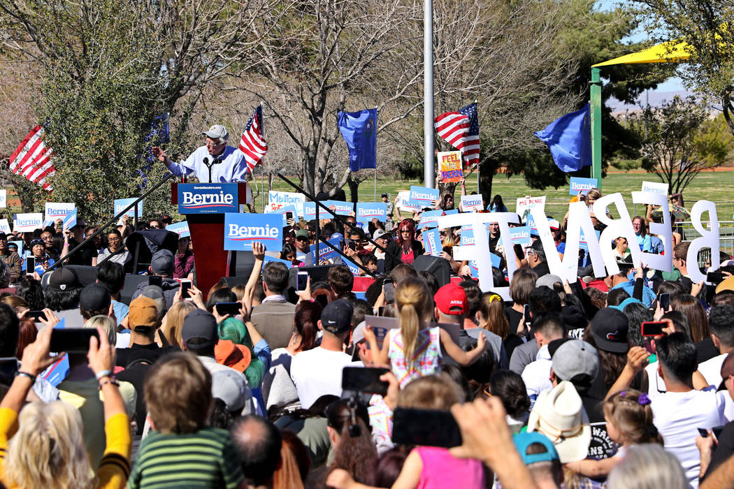 Democratic presidential candidate Sen. Bernie Sanders addresses his supporters at a rally at Morrell Park as part of a tour launching his presidential campaign in Henderson, Saturday, March 16, 20 ...