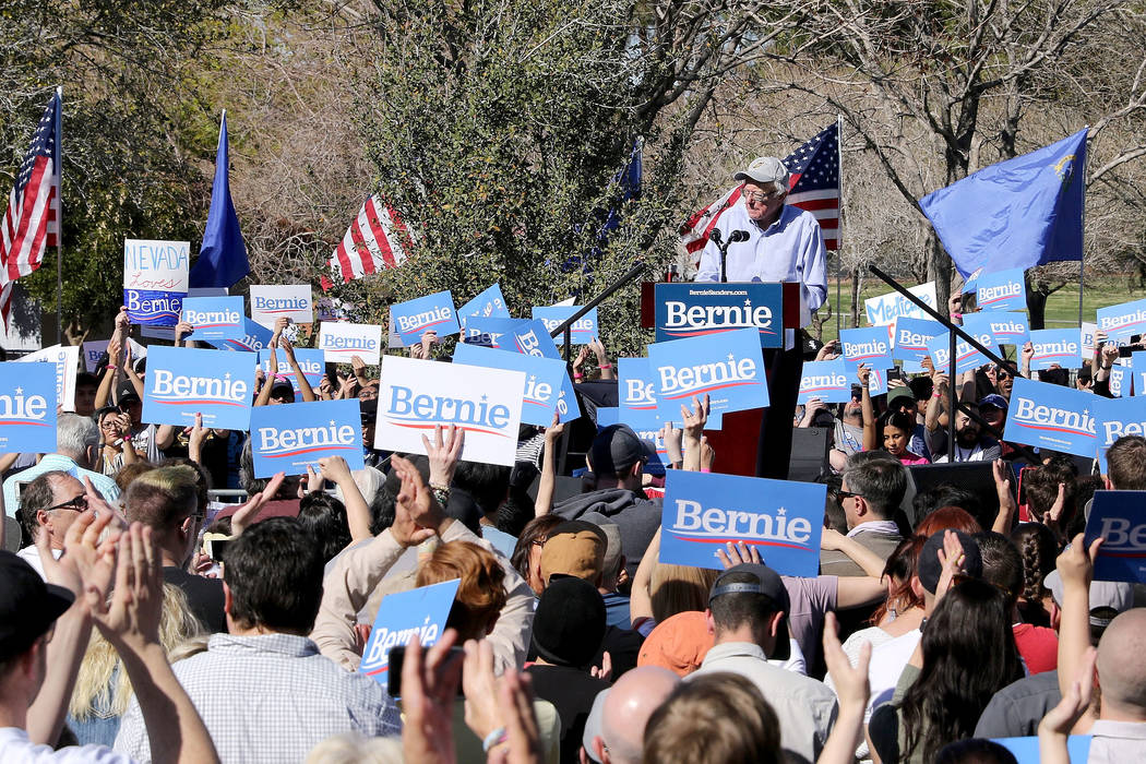 Democratic presidential candidate Sen. Bernie Sanders addresses his supporters at a rally at Morrell Park as part of a tour launching his presidential campaign in Henderson, Saturday, March 16, 20 ...