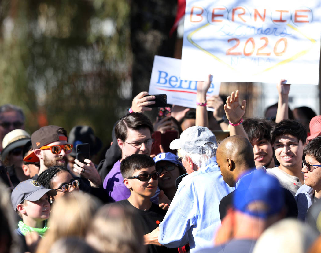 Democratic presidential candidate Sen. Bernie Sanders meets with his supporters at a rally at Morrell Park in Henderson on a tour to launch his presidential campaign, Saturday, March 16, 2019. (He ...