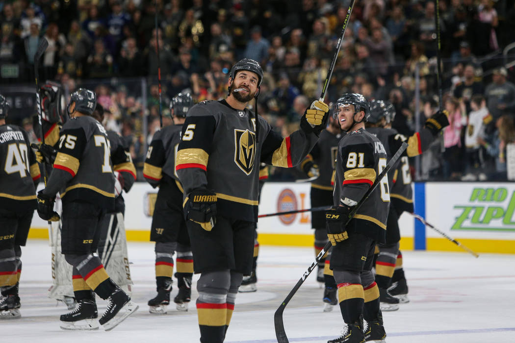 Vegas Golden Knights defenseman Deryk Engelland (5) looks out at the crowd after the Vegas Golden Knights win against the Vancouver Canucks 3-0 during an NHL hockey game at T-Mobile Arena in Las V ...