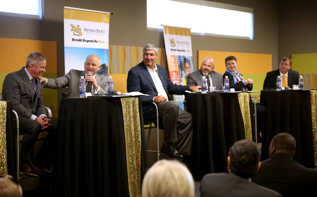 Kerry Bubolz, president of Vegas Golden Knights, from left, Marc Badain, president of Raiders, Bill Laimbeer, head coach of Las Vegas Aces, Chuck Johnson, general manager of Las Vegas Aviators, Br ...