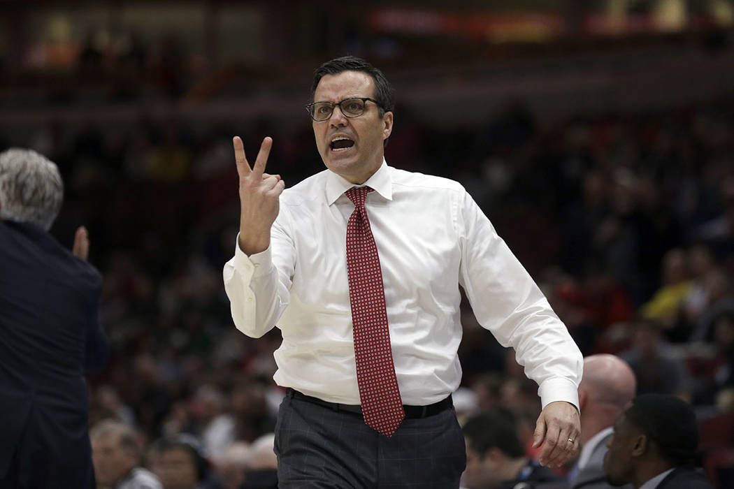 Nebraska head coach Tim Miles argues a call during the second half of an NCAA college basketball game against the Maryland in the second round of the Big Ten Conference tournament, Thursday, March ...