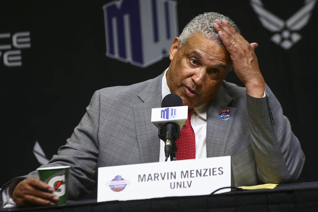 UNLV Rebels head coach Marvin Menzies speaks after his team's loss to San Diego State in the Mountain West men's basketball tournament at the Thomas & Mack Center in Las Vegas on Thursday, March 1 ...