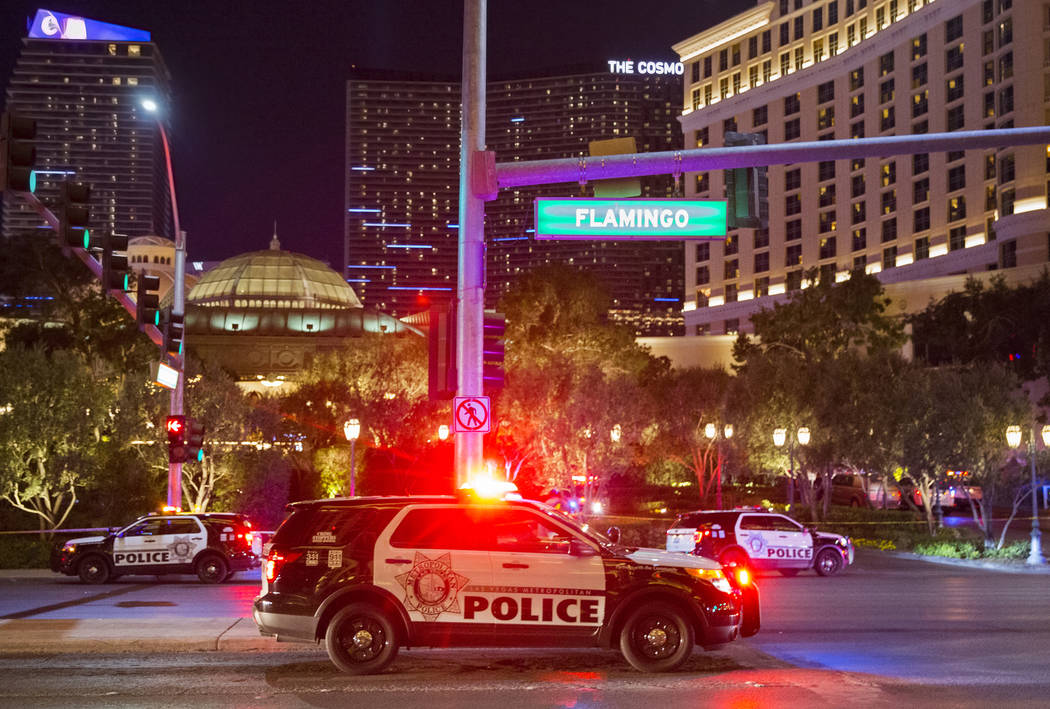 Las Vegas police respond to an officer-involved shooting in front of Bellagio on Friday, March 15, 2019, in Las Vegas. (Benjamin Hager Review-Journal) @BenjaminHphoto