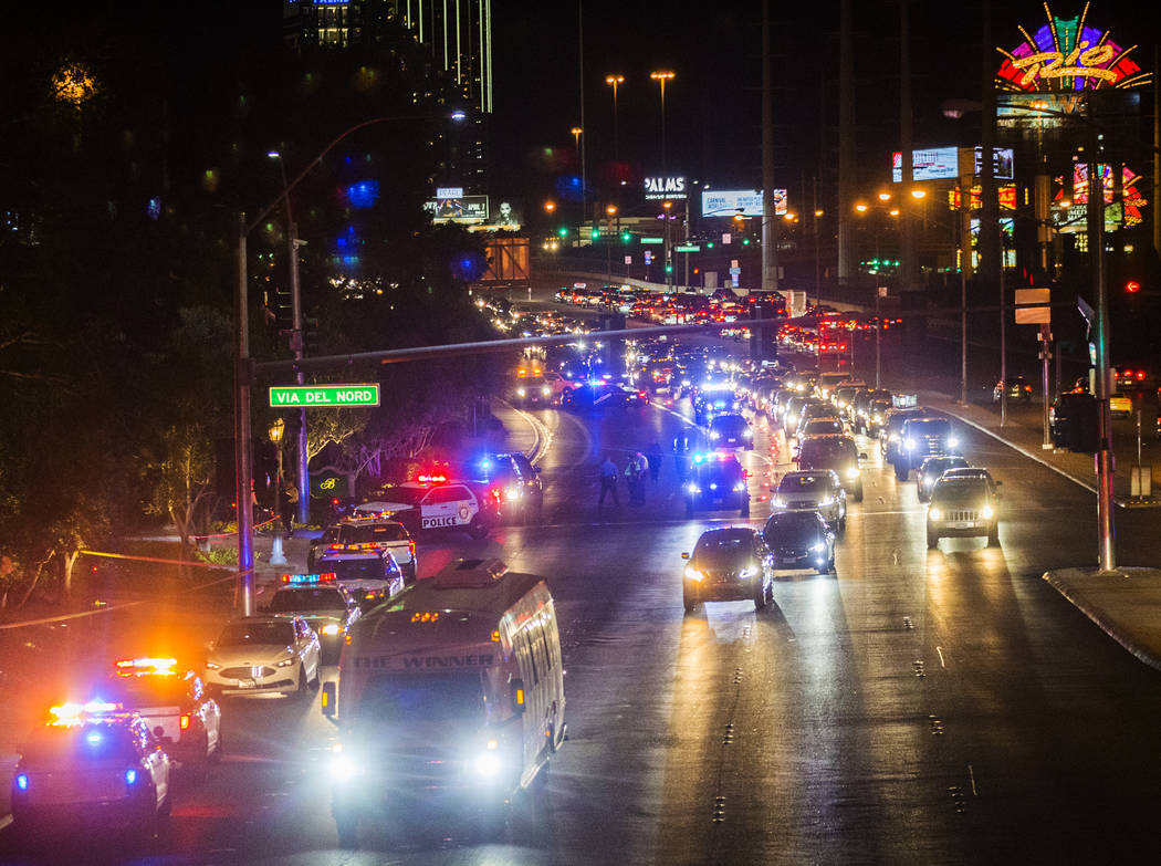 Las Vegas police respond to an officer-involved shooting in front of Bellagio on Friday, March 15, 2019, in Las Vegas. (Benjamin Hager Review-Journal) @BenjaminHphoto