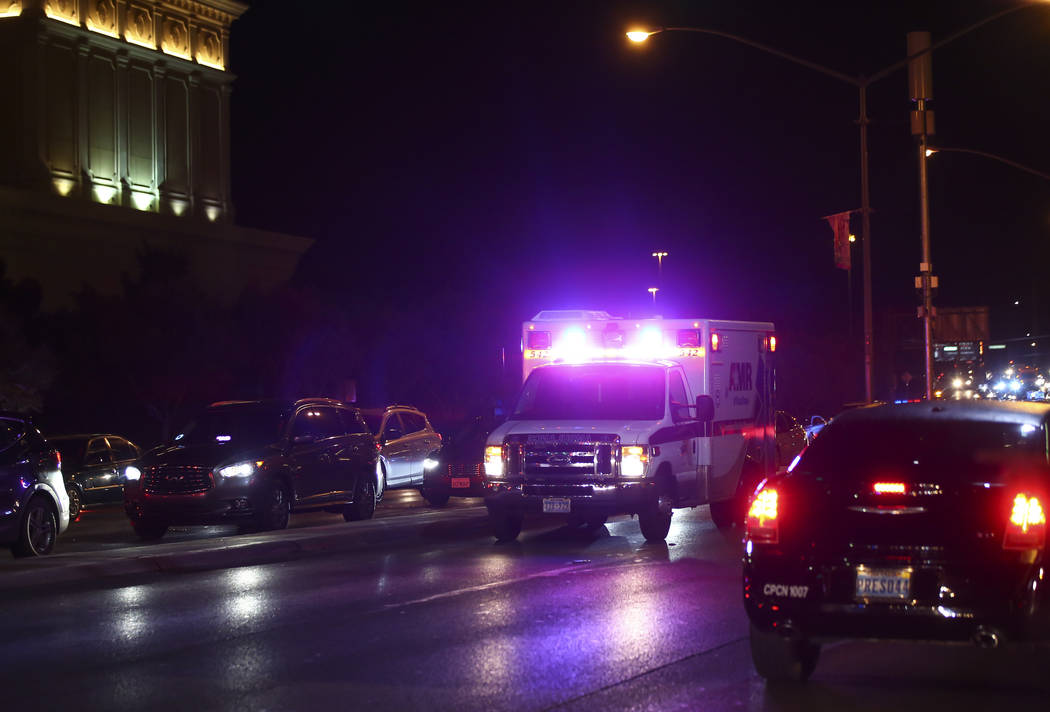 An ambulance heads to the Bellagio after police fired at a robbery suspect in Las Vegas on Friday, March 15, 2019. (Chase Stevens/Las Vegas Review-Journal) @csstevensphoto