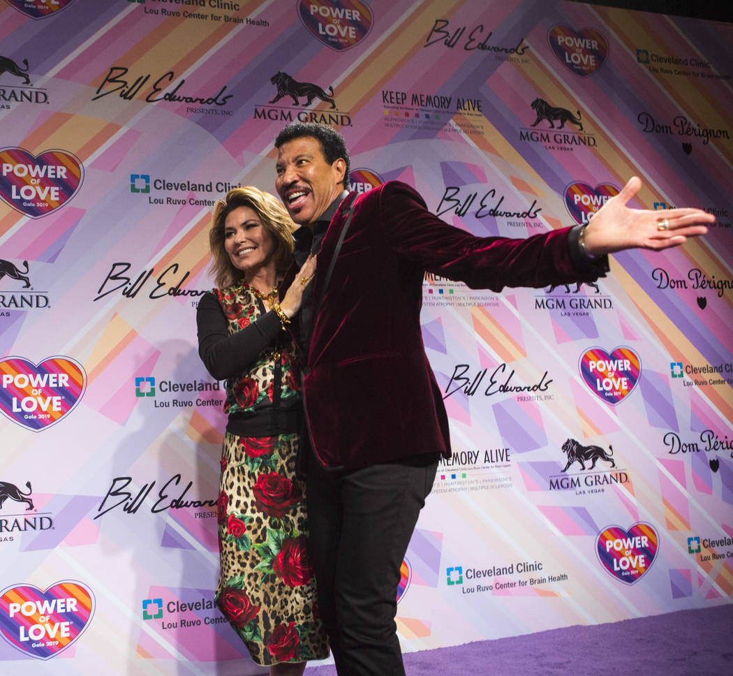 Shania Twain, left, and Lionel Richie pose on the red carpet for Keep Memory Alive's 23rd annual Power of Love gala, raising money for Cleveland Clinic Lou Ruvo Center for Brain Health's programs ...