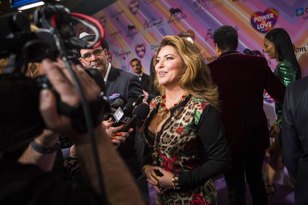 Shania Twain is interviewed on the red carpet for Keep Memory Alive's 23rd annual Power of Love gala, raising money for Cleveland Clinic Lou Ruvo Center for Brain Health's programs and services, a ...