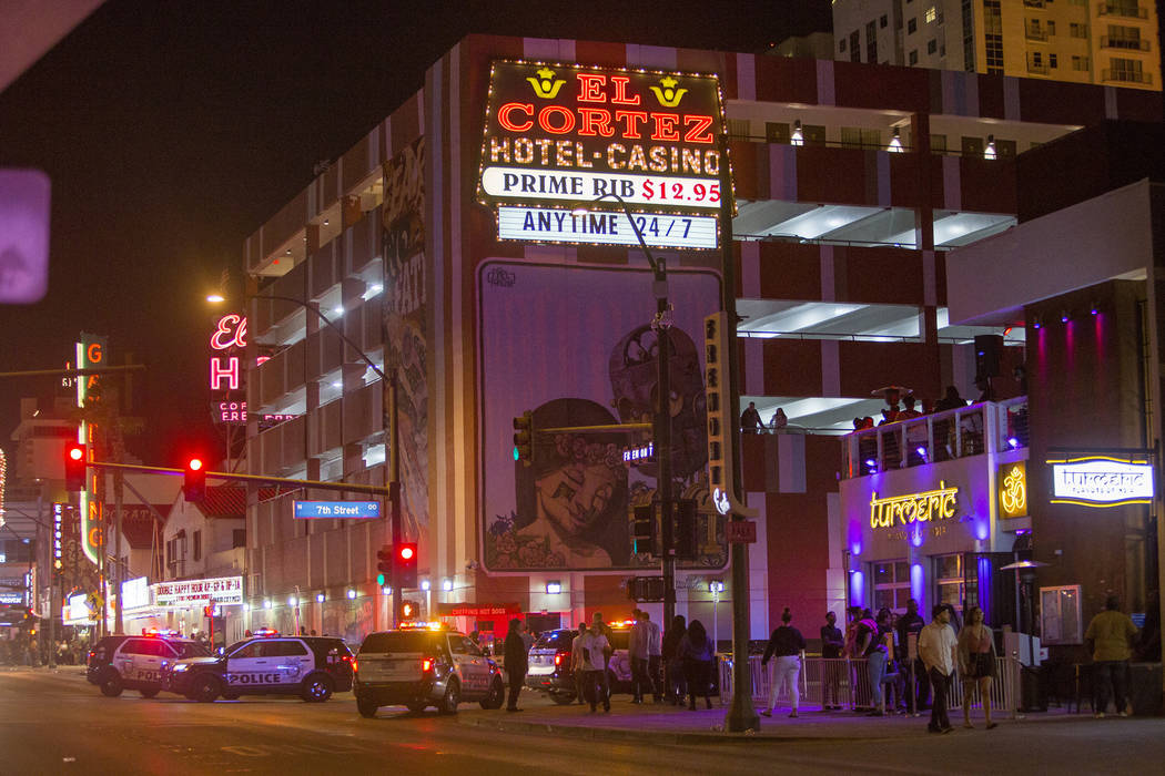 Las Vegas police investigate outside the El Cortez in downtown Las Vegas after a shooting at the hotel and casino, Sunday, March 17, 2019. (Rachel Aston/Las Vegas Review-Journal) @rookie__rae