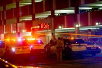 Las Vegas police investigate outside the El Cortez in downtown Las Vegas after a shooting at the hotel and casino, Sunday, March 17, 2019. (Rachel Aston/Las Vegas Review-Journal) @rookie__rae