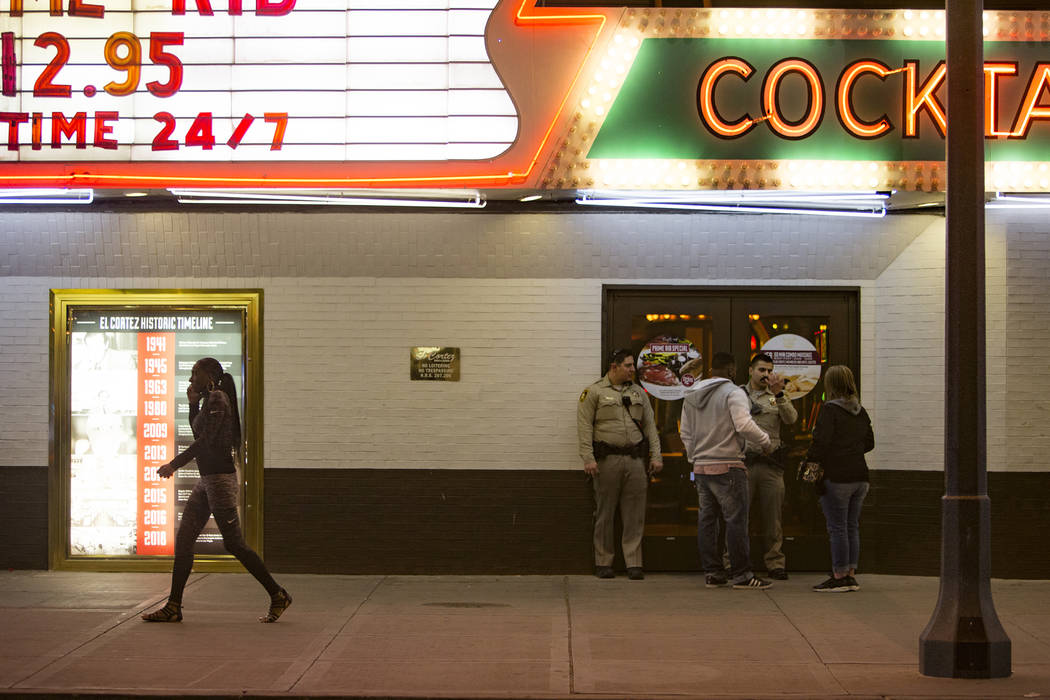 Las Vegas police investigate outside the El Cortez in downtown Las Vegas after a shooting at the hotel and casino, Sunday, March 17, 2019. (Rachel Aston/Las Vegas Review-Journal) @rookie__rae
