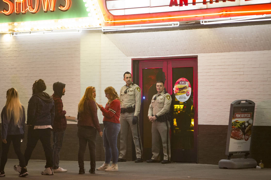 Las Vegas police investigate outside the El Cortez in downtown Las Vegas after a shooting at the hotel and casino, Sunday, March 17, 2019. (Rachel Aston/Las Vegas Review-Journal) @rookie__rae