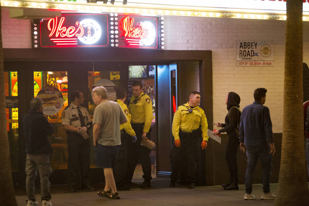 Las Vegas police investigate outside the El Cortez in downtown Las Vegas after a shooting at the hotel and casino, Sunday, March 17, 2019. (Rachel Aston/Las Vegas Review-Journal) @rookie__rae